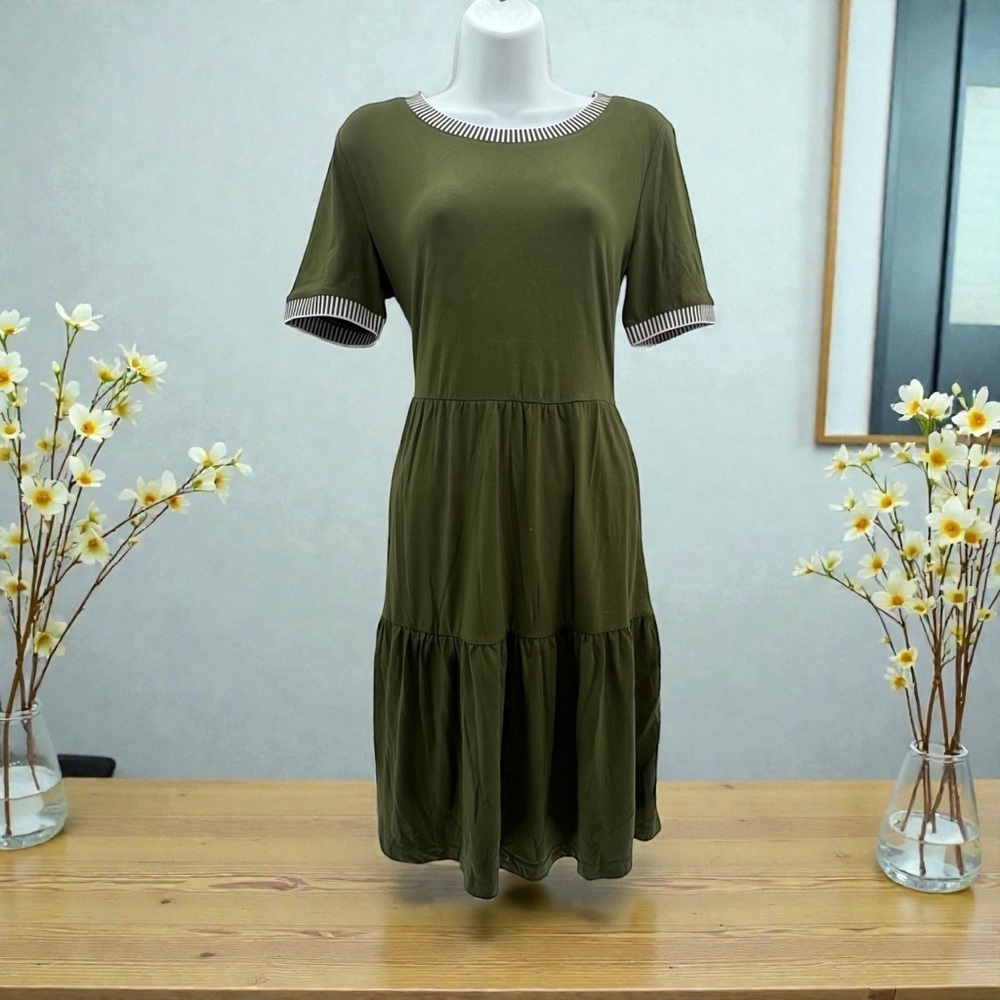 MEROKEETY Olive Green Tiered Mini T-Shirt Dress – Size S | NWT
